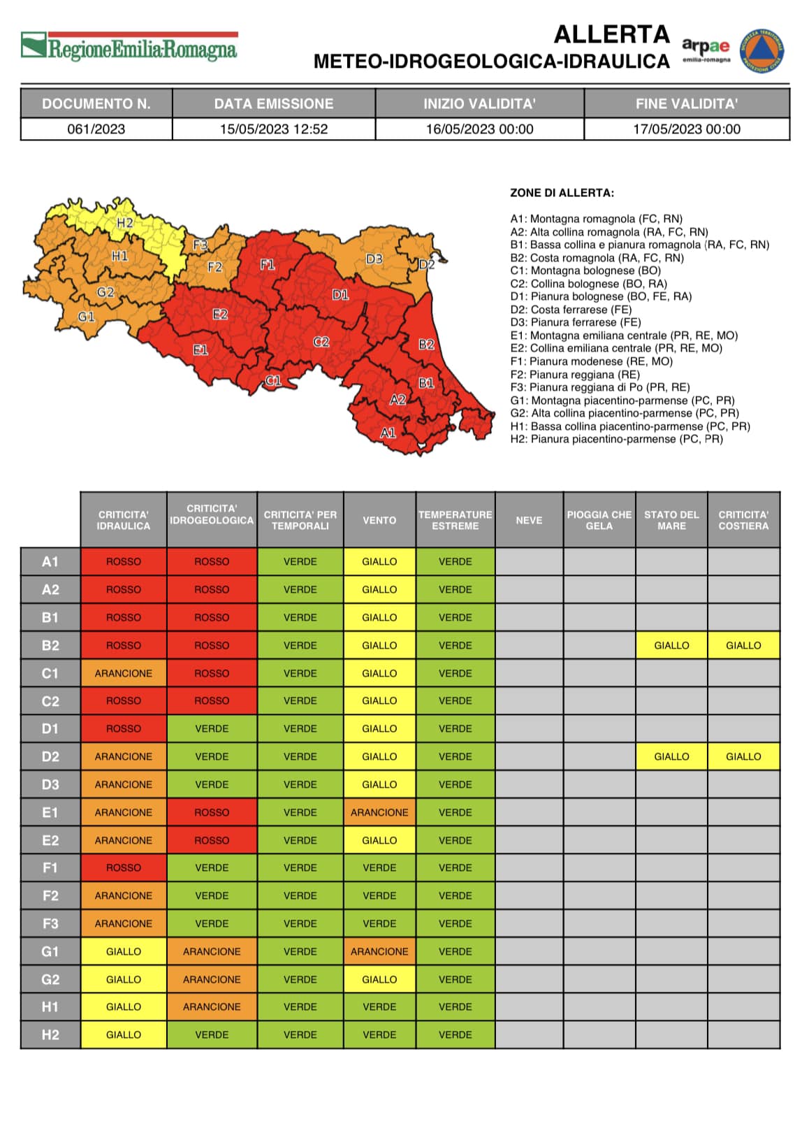 Allerta meteo Protezione Civile colore rosso - Martedì 16 maggio