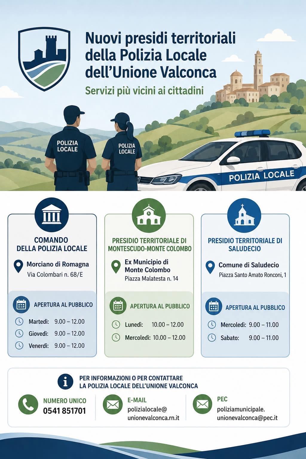 Nuovi presidi territoriali della Polizia Locale dell'Unione Valconca: servizi più vicini ai cittadini